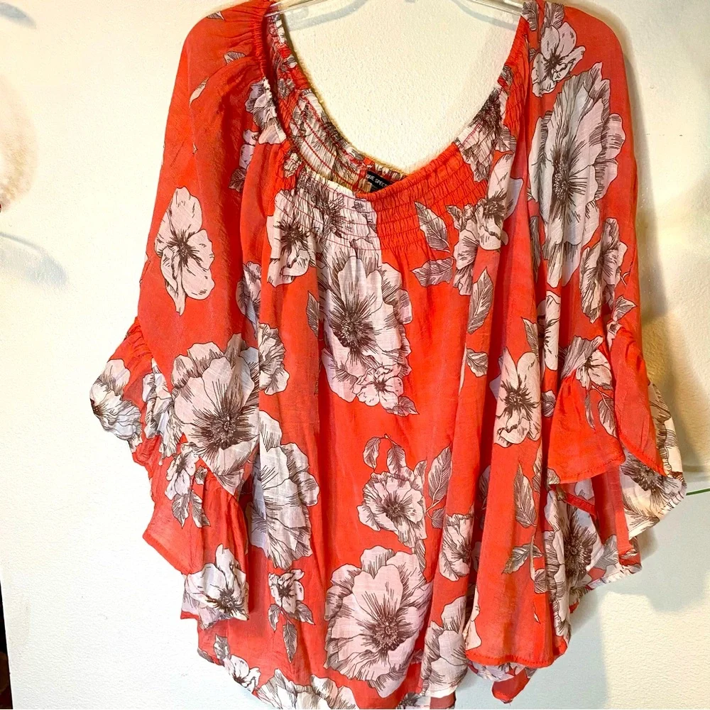 Womens Off Shoulder Floral Top Sz 3X Orange White Spring Summer smocking - Picture 1 of 10